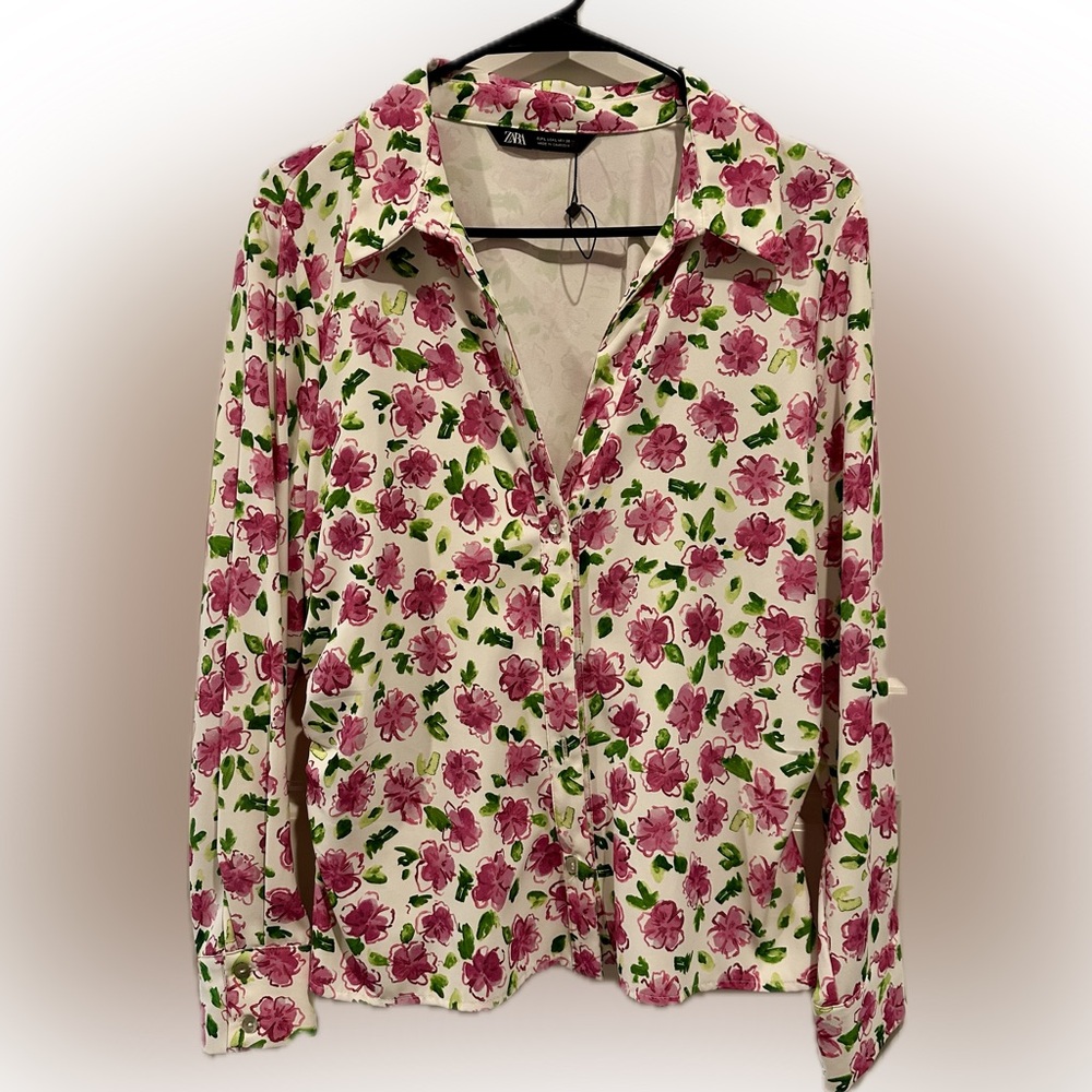 Zara - Floral Pink and Green Women's Top